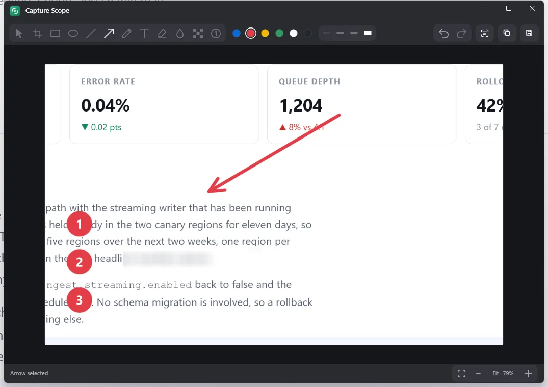 The annotation editor with an arrow, numbered steps, and a blurred region applied to a screenshot