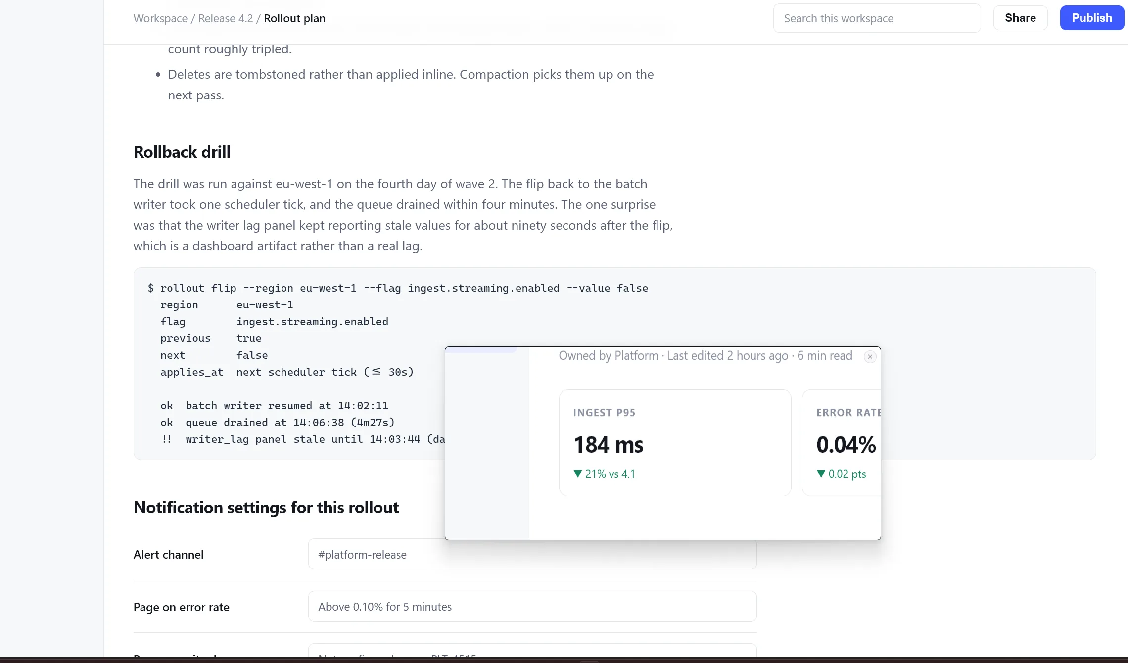 A floating screenshot of a metrics panel staying on top of a document that has been scrolled somewhere else