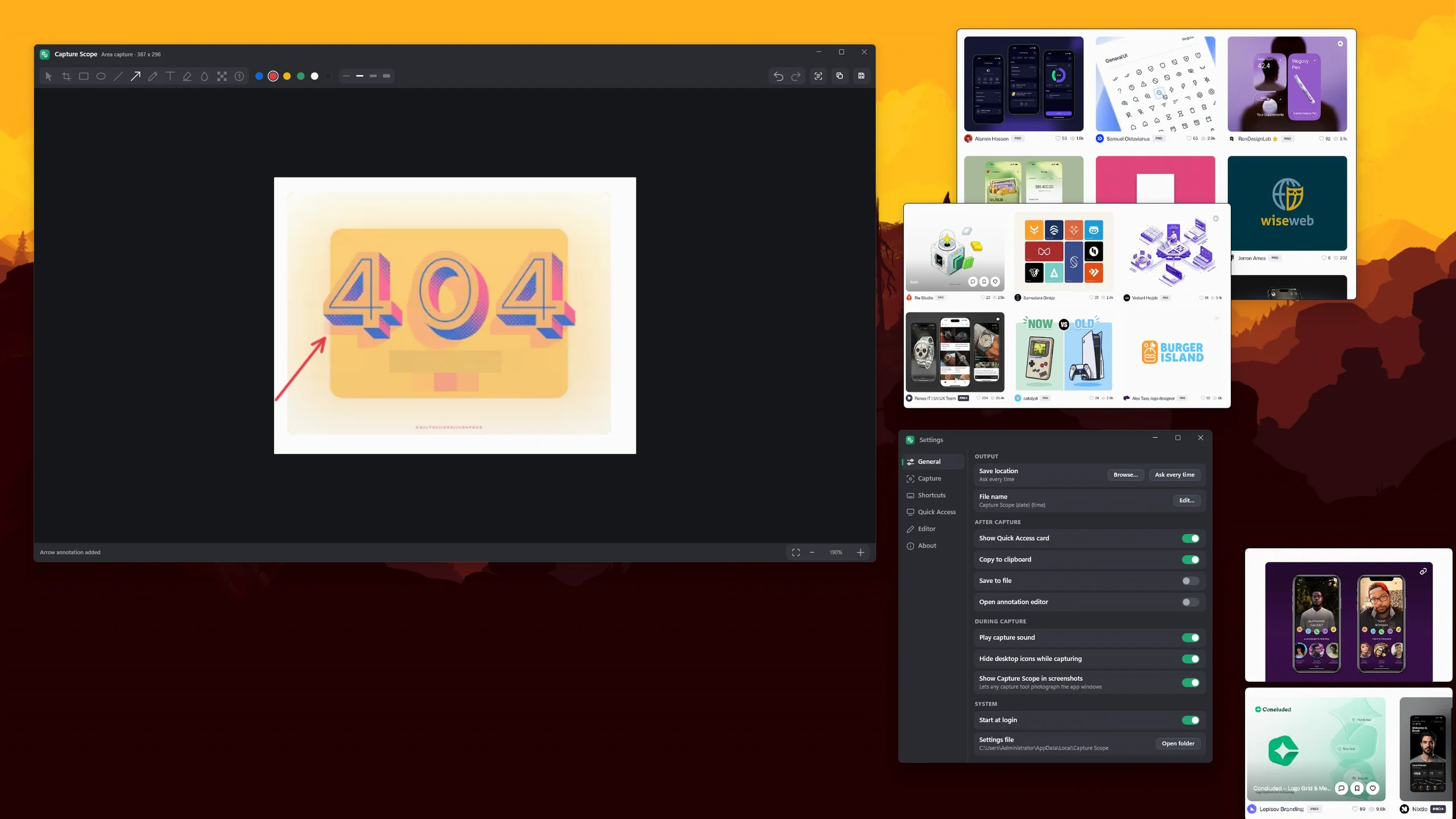 Capture Scope on a Windows 11 desktop: the annotation editor with an arrow and a blurred region, the Settings window, and captures floating over the wallpaper