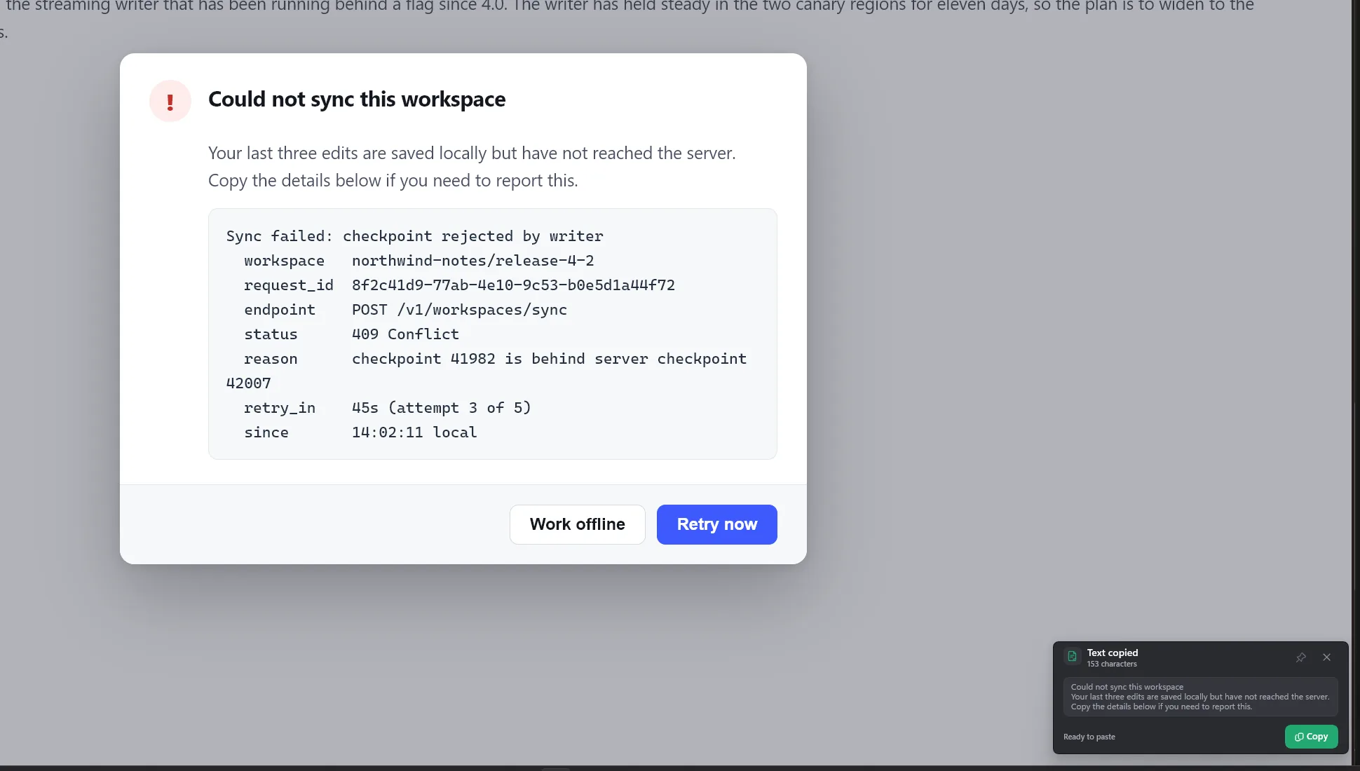 Text extracted from an error dialog, shown on a card with a character count and a Copy button