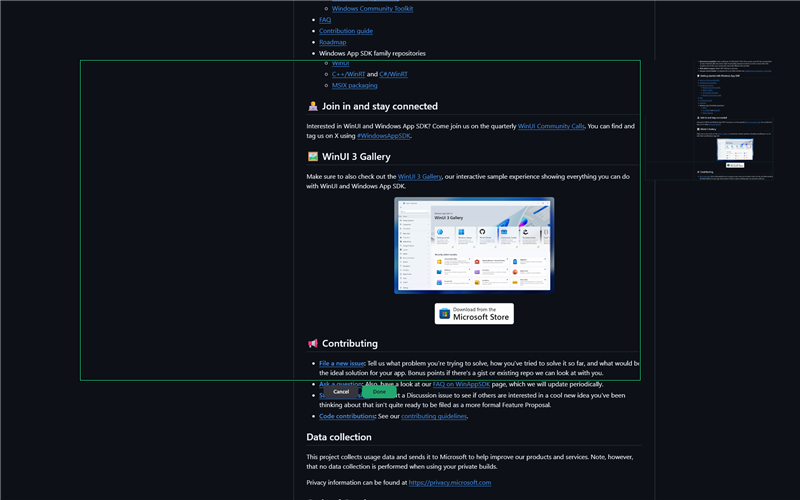 A scrolling capture in progress, with the stitched result building in a preview panel beside the page